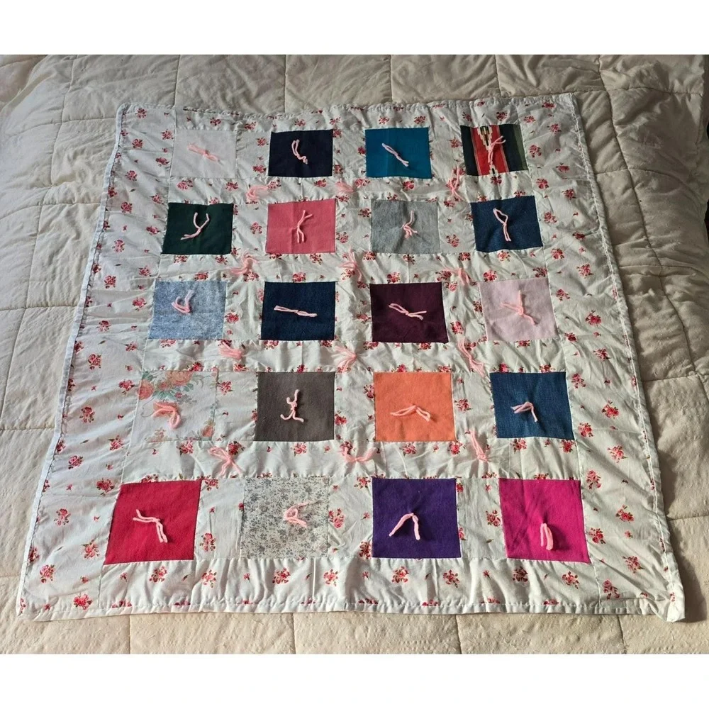 Handmade Tied Patchwork Quilt 43x39 Floral Pink Gingham Kid/Small Lap Blanket